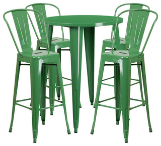Commercial 30" Round Green Metal Indoor-Outdoor Bar Table Set, 4 Cafe Stools