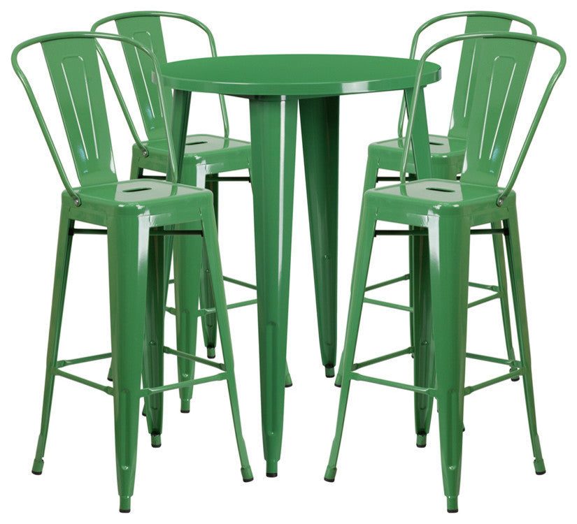Commercial 30" Round Green Metal Indoor-Outdoor Bar Table Set, 4 Cafe Stools