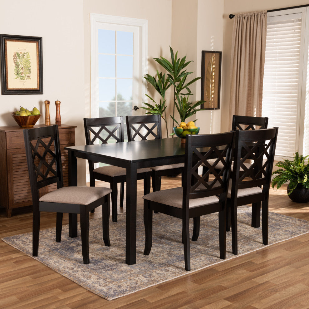 Hastings Sand Upholstered Dark Brown 7-Piece Wood Dining Set