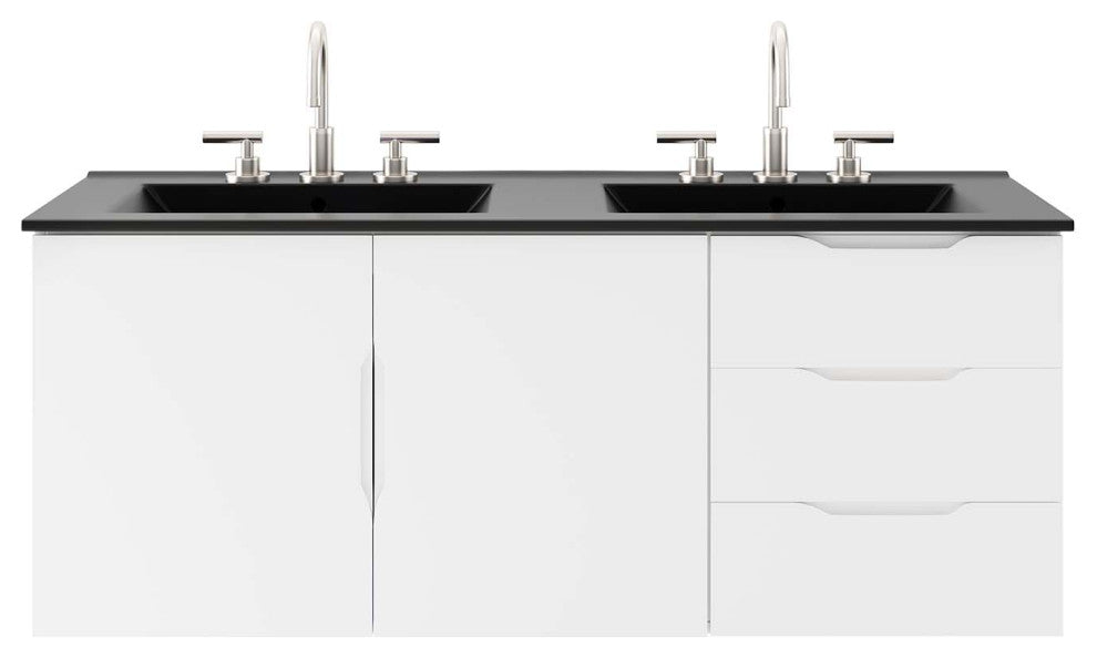 Double Sink Vanity Cabinet, Black White, Ceramic, Modern, Hotel Bathroom