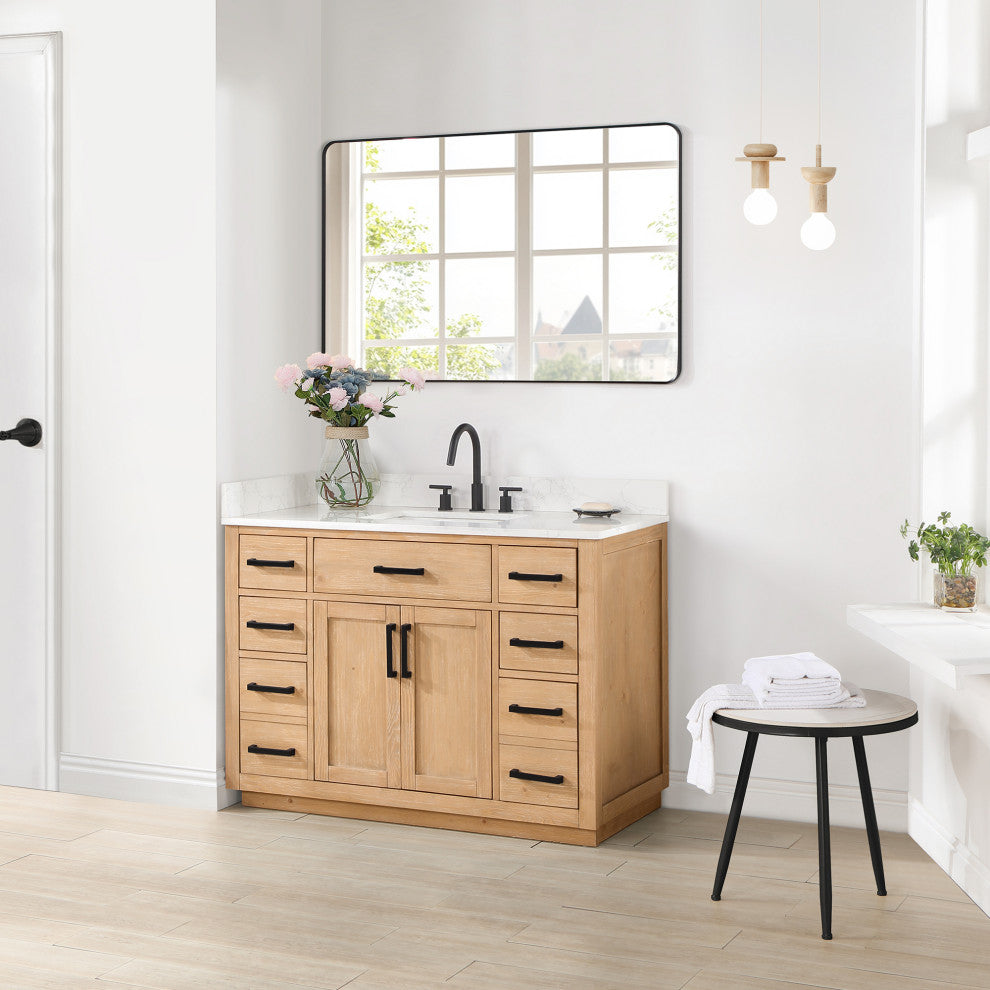 Gavino Vanity With Grain White Composite Stone Top, Light Brown/Matte Black, 48", With Mirror