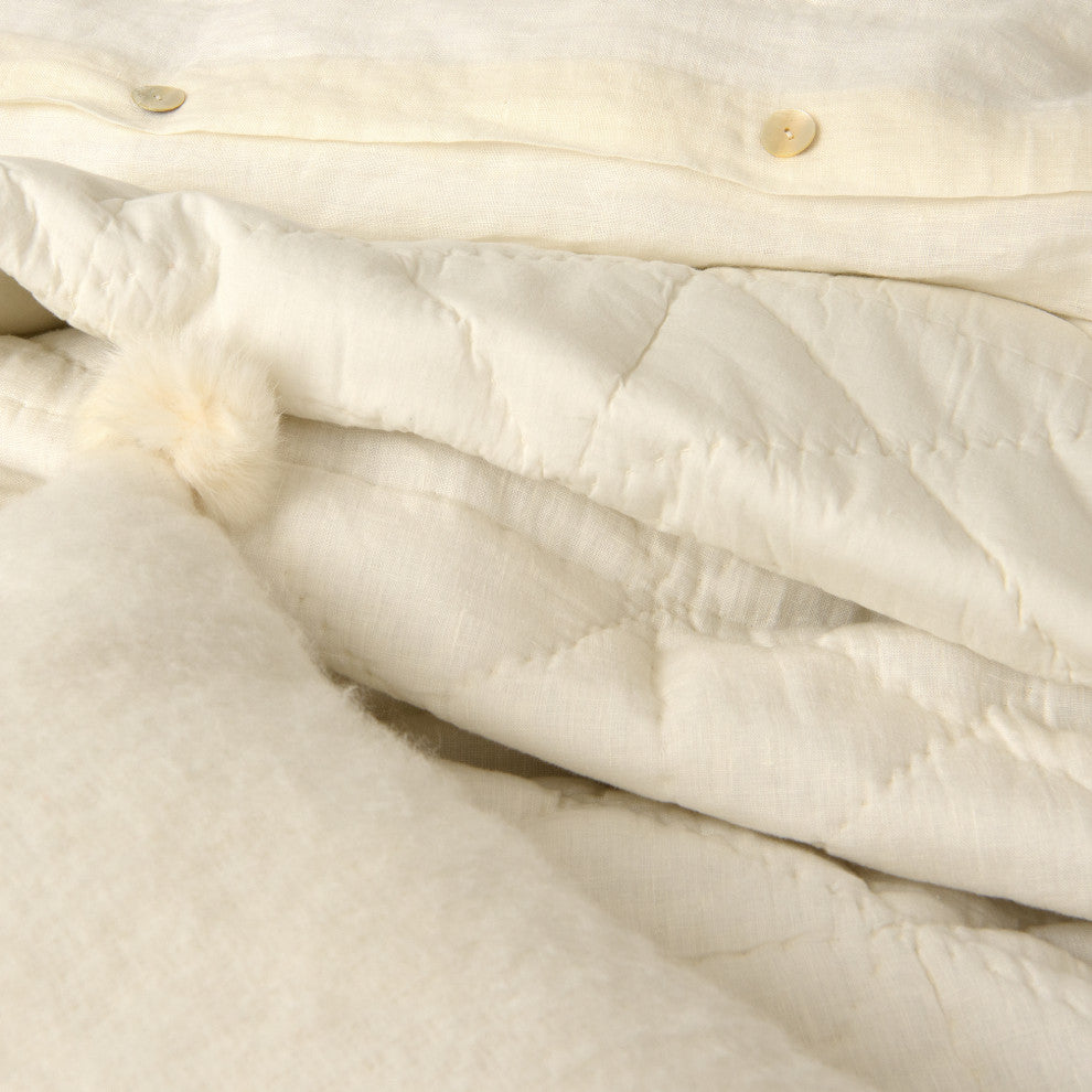 Linen and Cotton Square Quilt, White, Queen