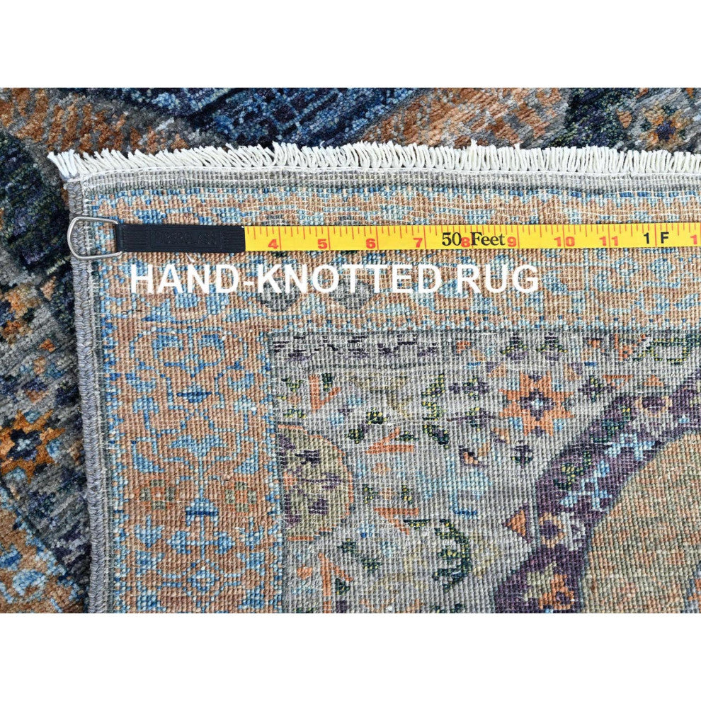 Blue, Mamluk Design, Soft Wool, Hand Knotted, Runner Oriental Rug, 2'6"x13'9"