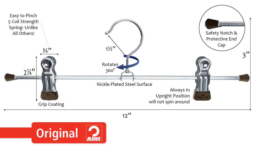 12" Pant Hangers, 2 Clips, Set of 10, Black