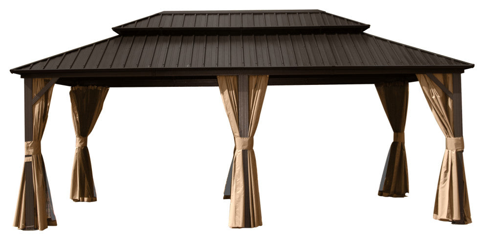 Hardtop Gazebo, Aluminum Metal Gazebo with Galvanized Steel Double Roof, Brown