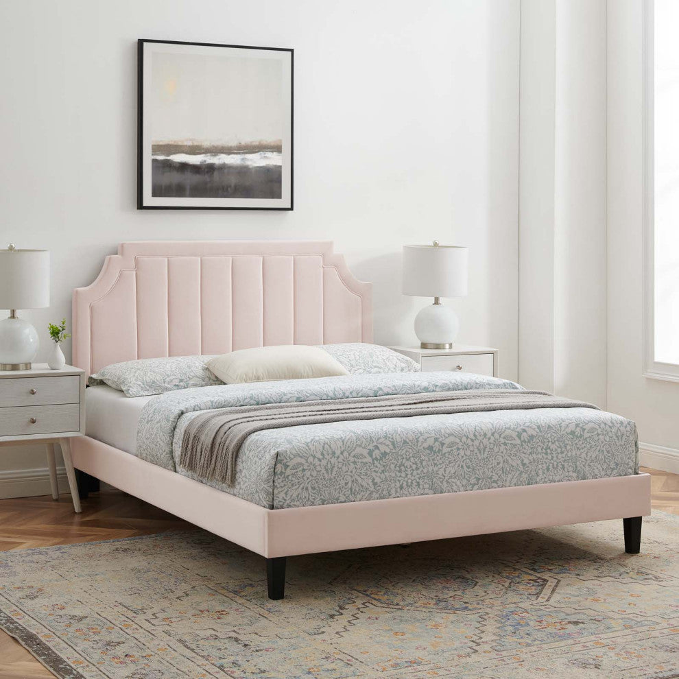 Platform Bed Frame, Twin Size, Velvet, Pink, Modern Contemporary, Bedroom Master