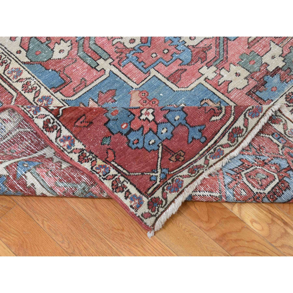 Blush Red Antique Persian Serapi Heriz Hand Knotted Pure Wool Rug, 12'3"x18'6"