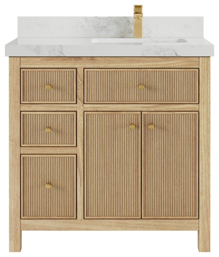 Sonoma 36 Right Offset Bath Vanity in Light Natural Teak with 2" Calacatta Nuvo
