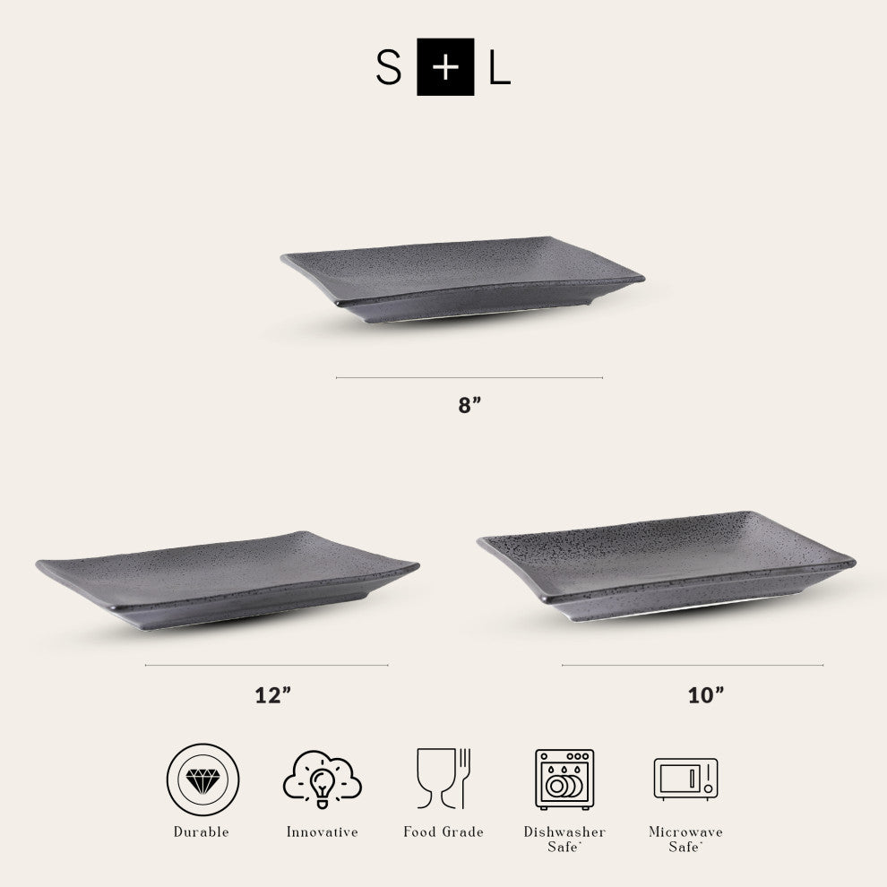 3-Piece Stone Lain Valencia Porcelain Serving Plate Set, Metallic Gray