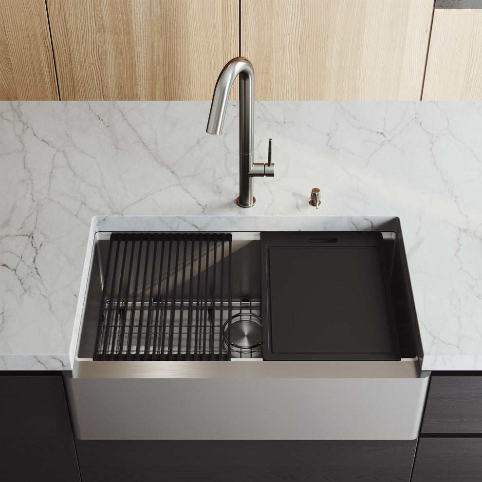 Oxford Single Bowl Flat Apron Farmhouse Kitchen Sink and Accessories, 33" L X 21" W