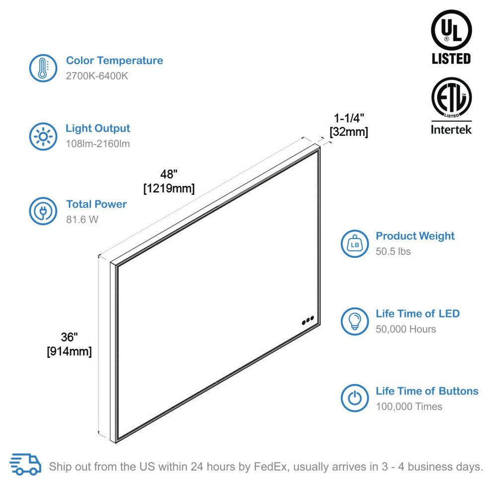 Fogless, Dimmable, Color Temperature Adjustable LED Mirror, Matte Black, 48x36