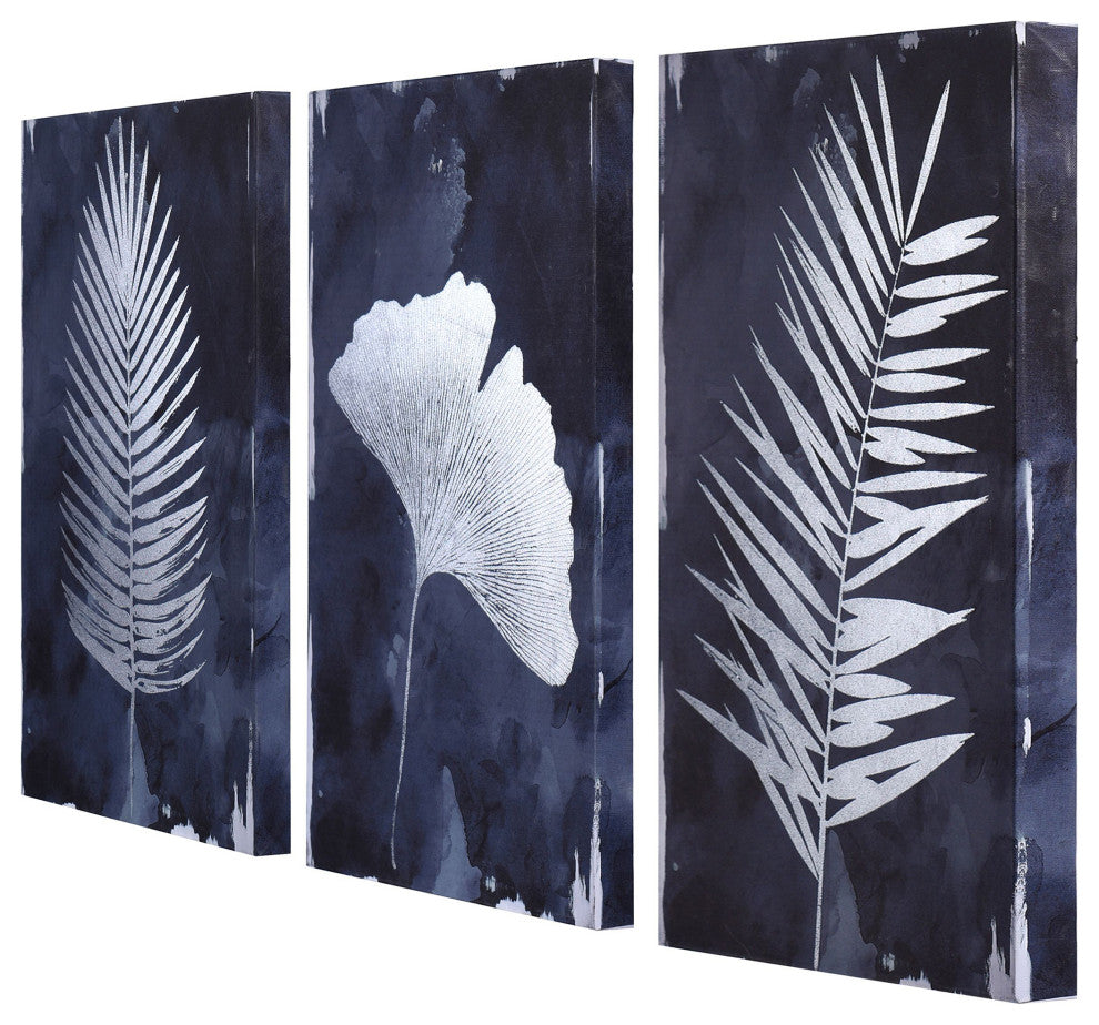 Indigo Shade Leaf Motif Canvas Wall Art, 48"Wx24"H Set of 3