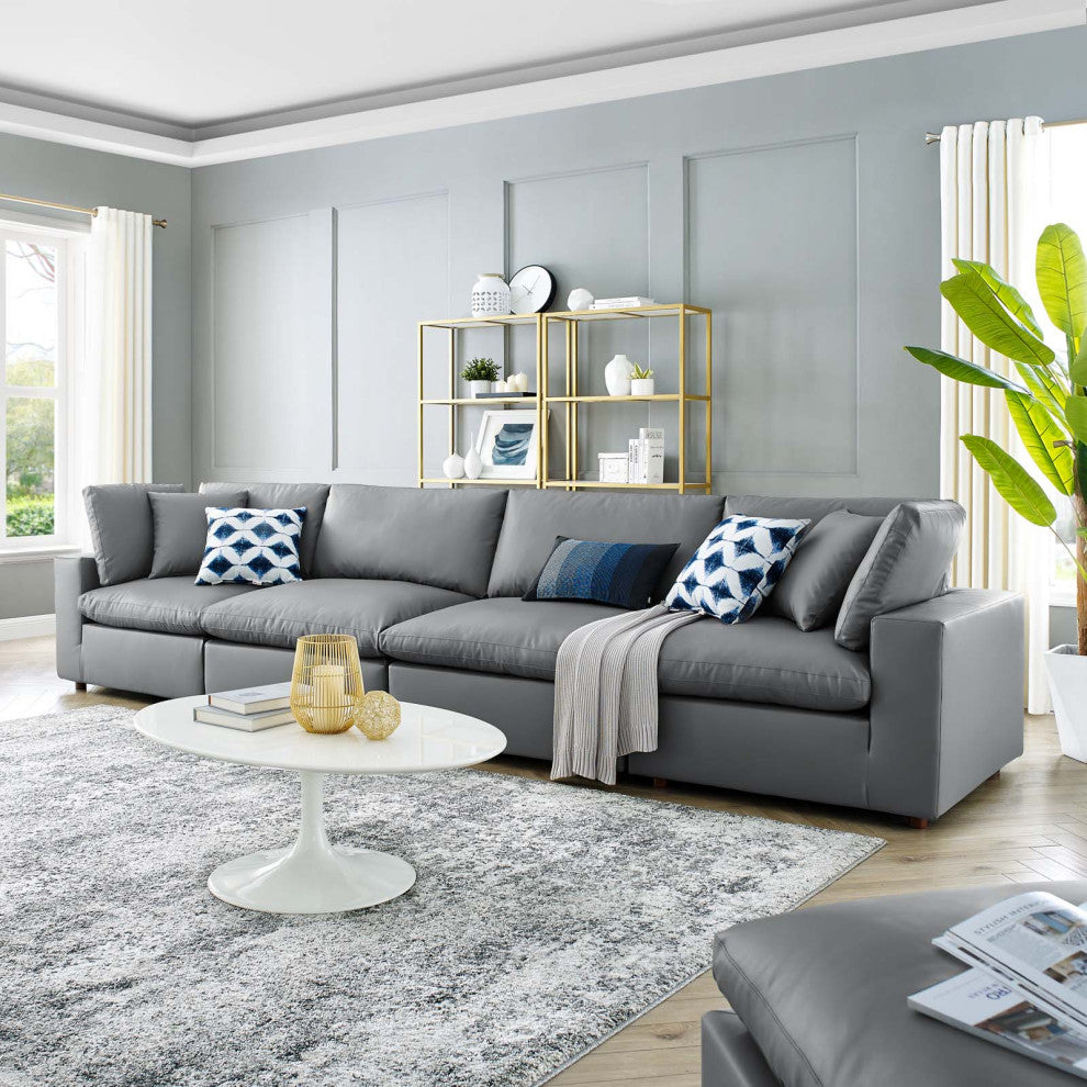 Commix Down Filled Overstuffed Vegan Leather 4-Seater Sofa - Gray