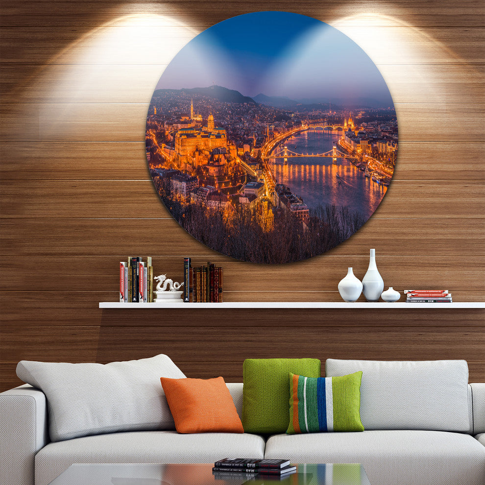 Night View Of Budapest City, Seashore Round Metal Wall Art, 23"