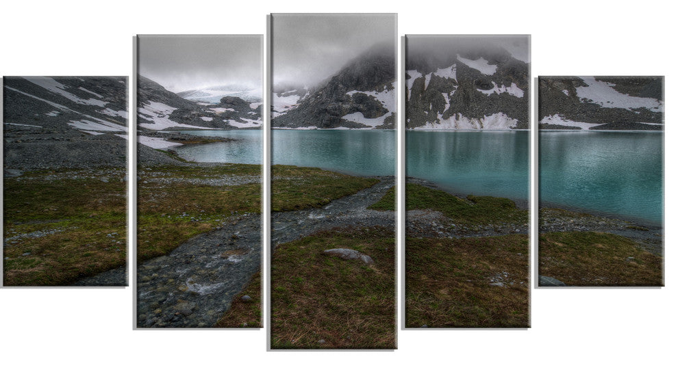 Turquoise Mountain Lake with Clouds, Landscape Canvas Print, 60"x32", 5 Panels