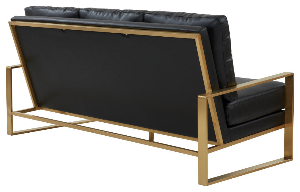 LeisureMod Jefferson Modern Design Faux Leather Sofa With Gold Frame, Black