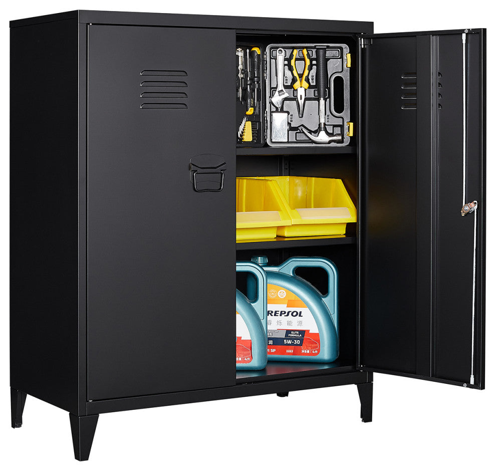 Metal Storage Cabinet, 2 Doors & 2 Shelves, 35.5", Black, With Legs