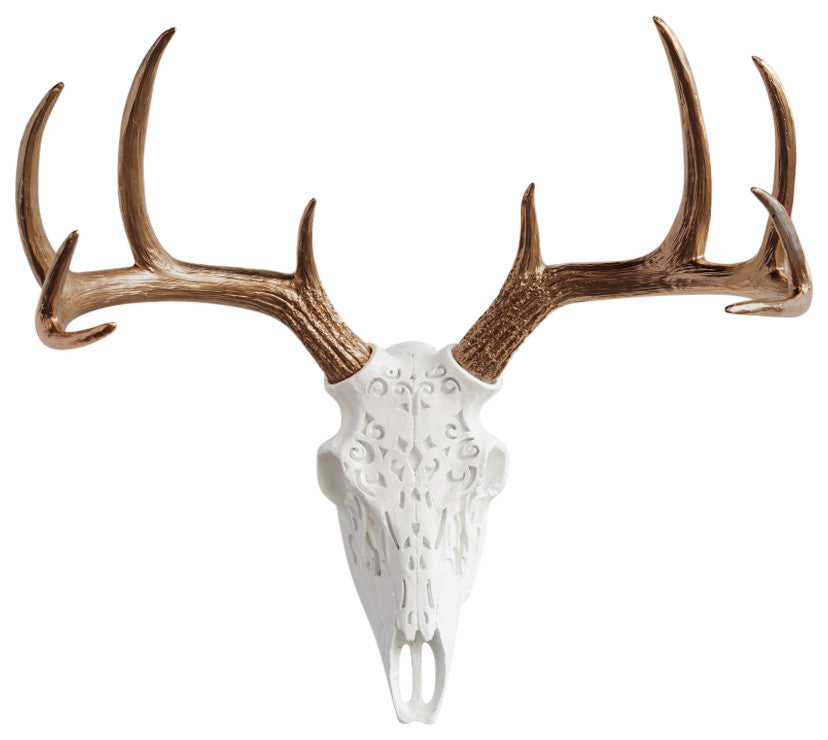 Faux Deer Skull Native American Carving Wall Decor, White and Bronze