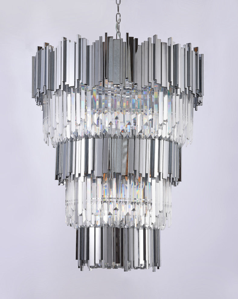 3-Tier Chrome Bar Rod Frame Chandelier, Clear Crystal Drops