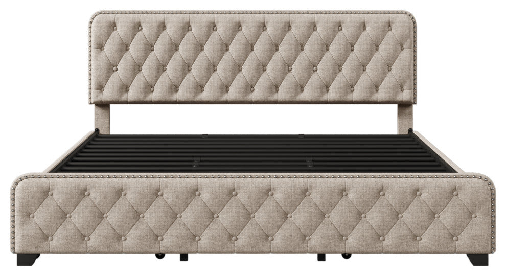 Metal Platform Bed with Headboard, Upholstered and 4-Drawer, Beige, 84.6" X 79.5"