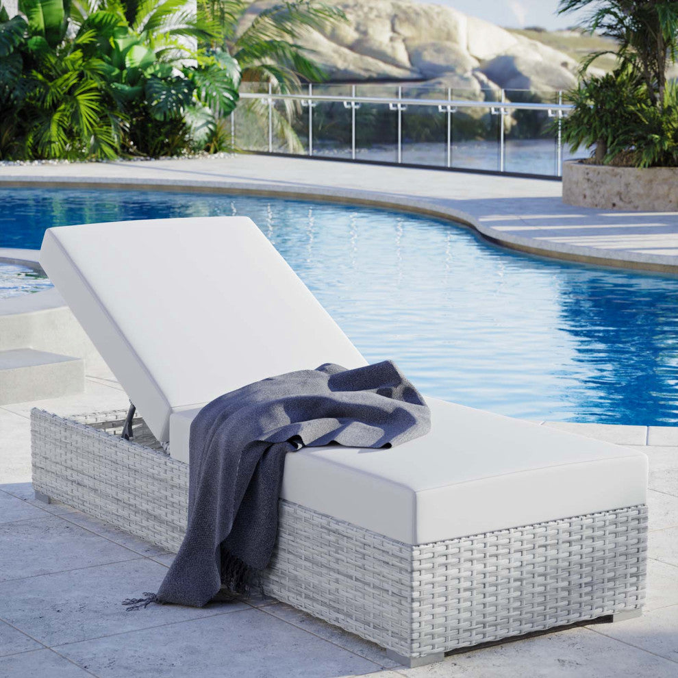 Lounge Chair Chaise, Rattan, Wicker, Gray White, Modern, Outdoor Patio Cafe