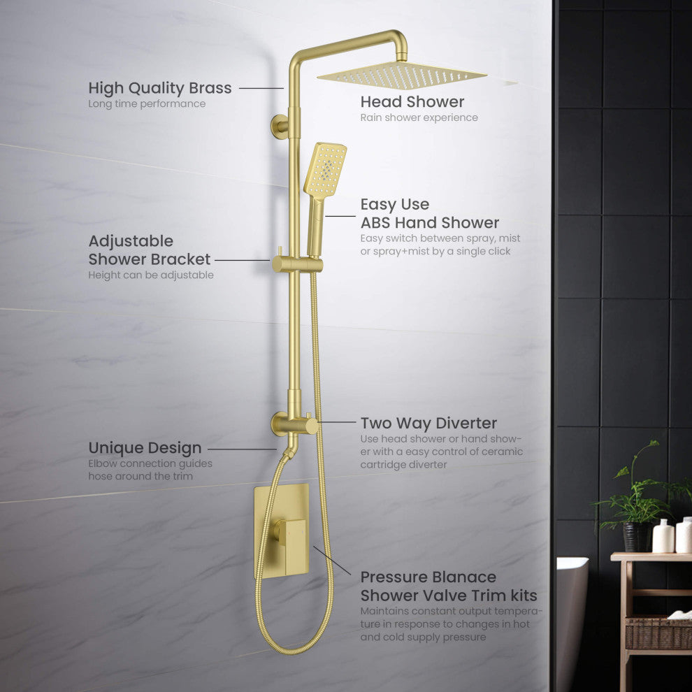 Cube 2-Function Shower Column, Rough, Valve, Brushed Gold