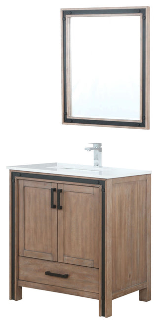Ziva 30 Barnwood SG Vanity, Cultured Marble Top, Square Sink, 28 Mirror, Faucet