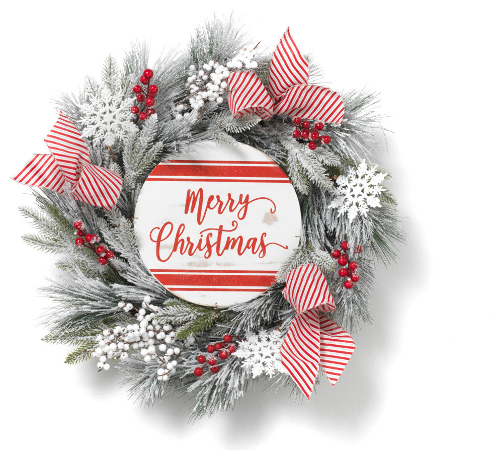 24" White Holiday Pine and Ornament Wreath With Berries and Sign