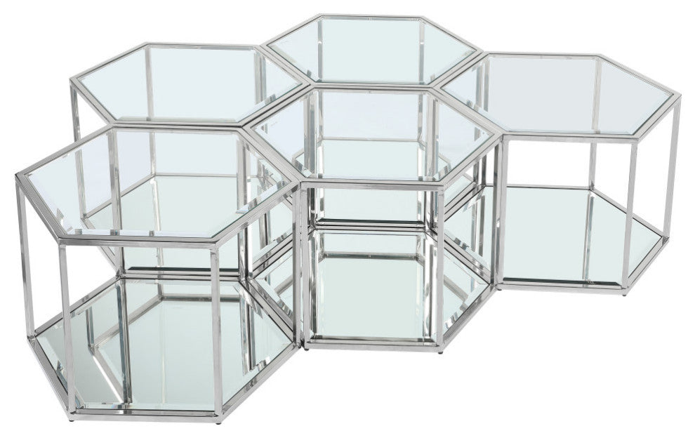 Sei Glass Top Coffee Table With Mirrored Base, Chrome, 5-Piece