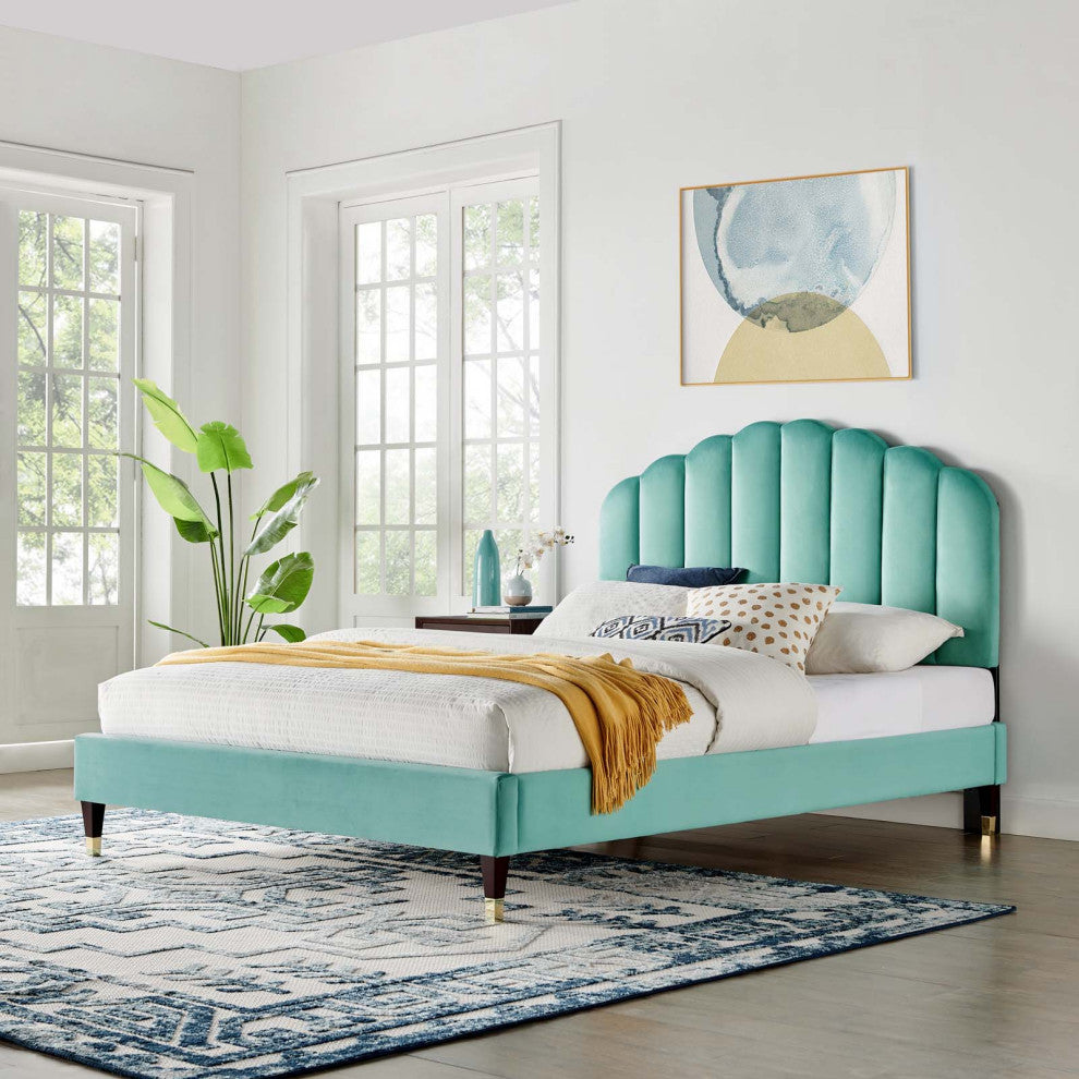 Platform Bed Frame, Queen Size, Blue, Velvet, Modern, Bedroom Guest Suite