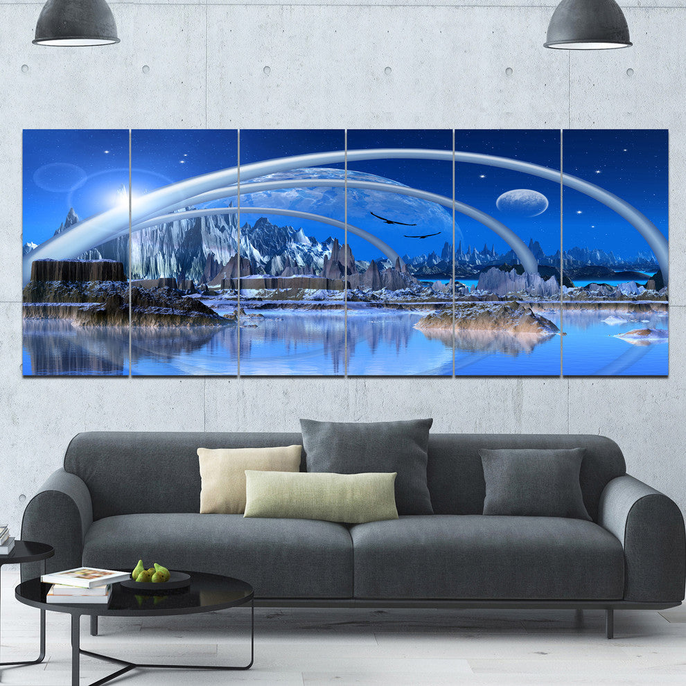 Blue Fantasy Landscape, Landscape Canvas Art Print, 70"x28", 6 Panels