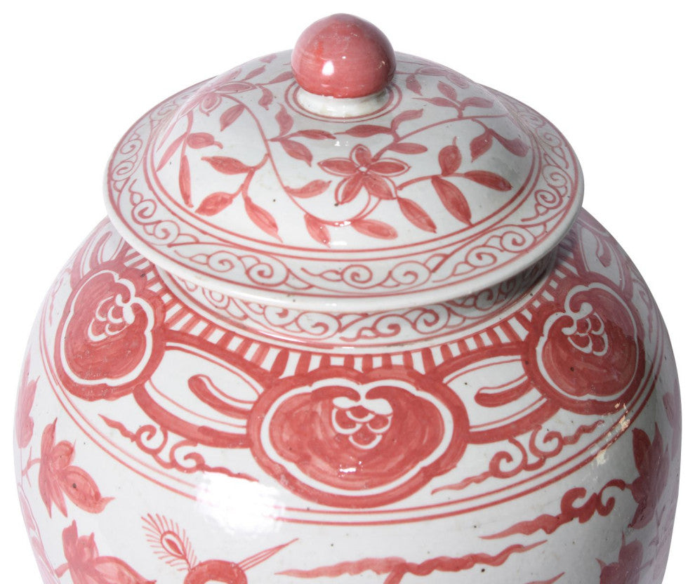 Coral Red Ginger Jar Bird Motif Large