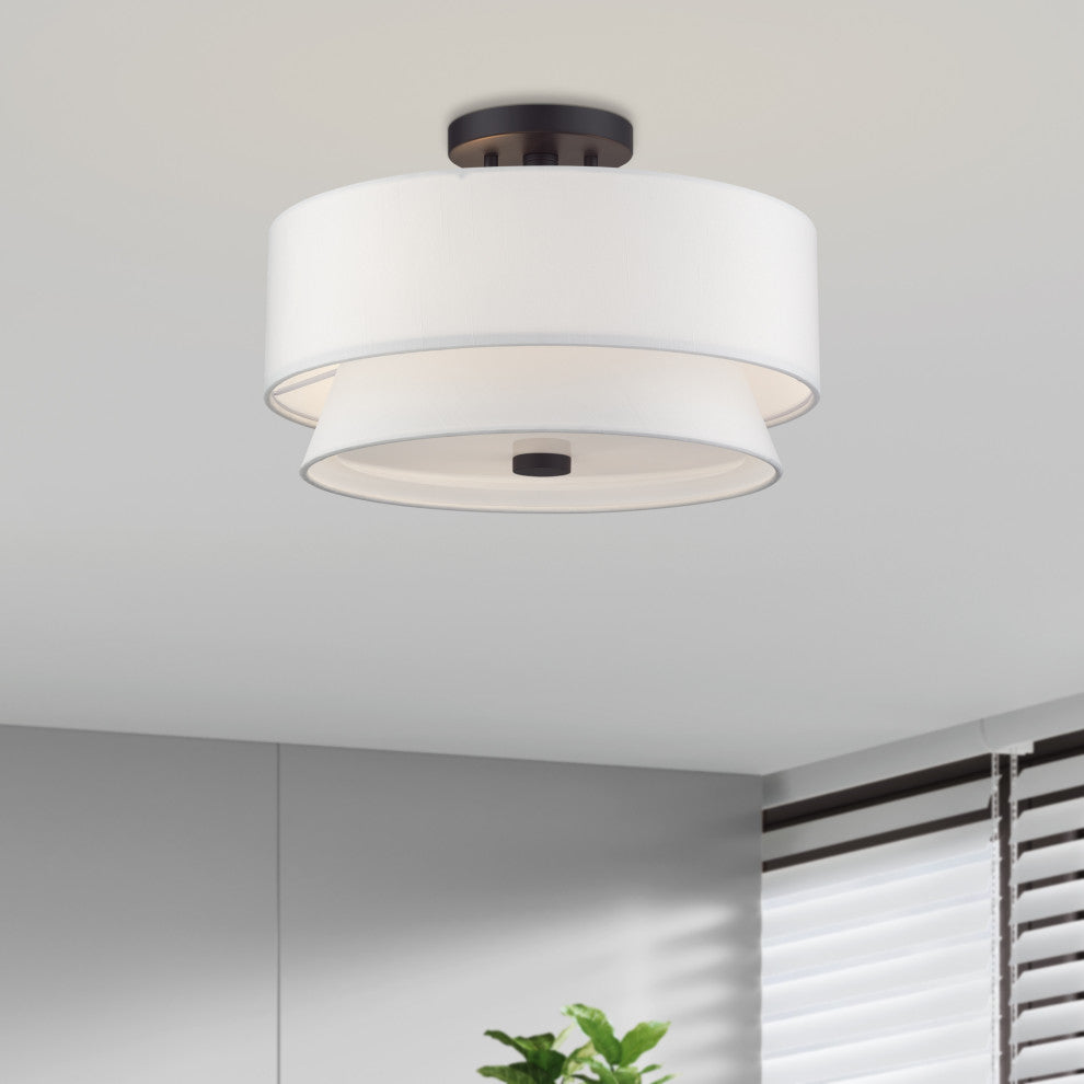 Fontana 3 Light Bronze Large Semi-Flush with Hand Crafted Off-White Shades