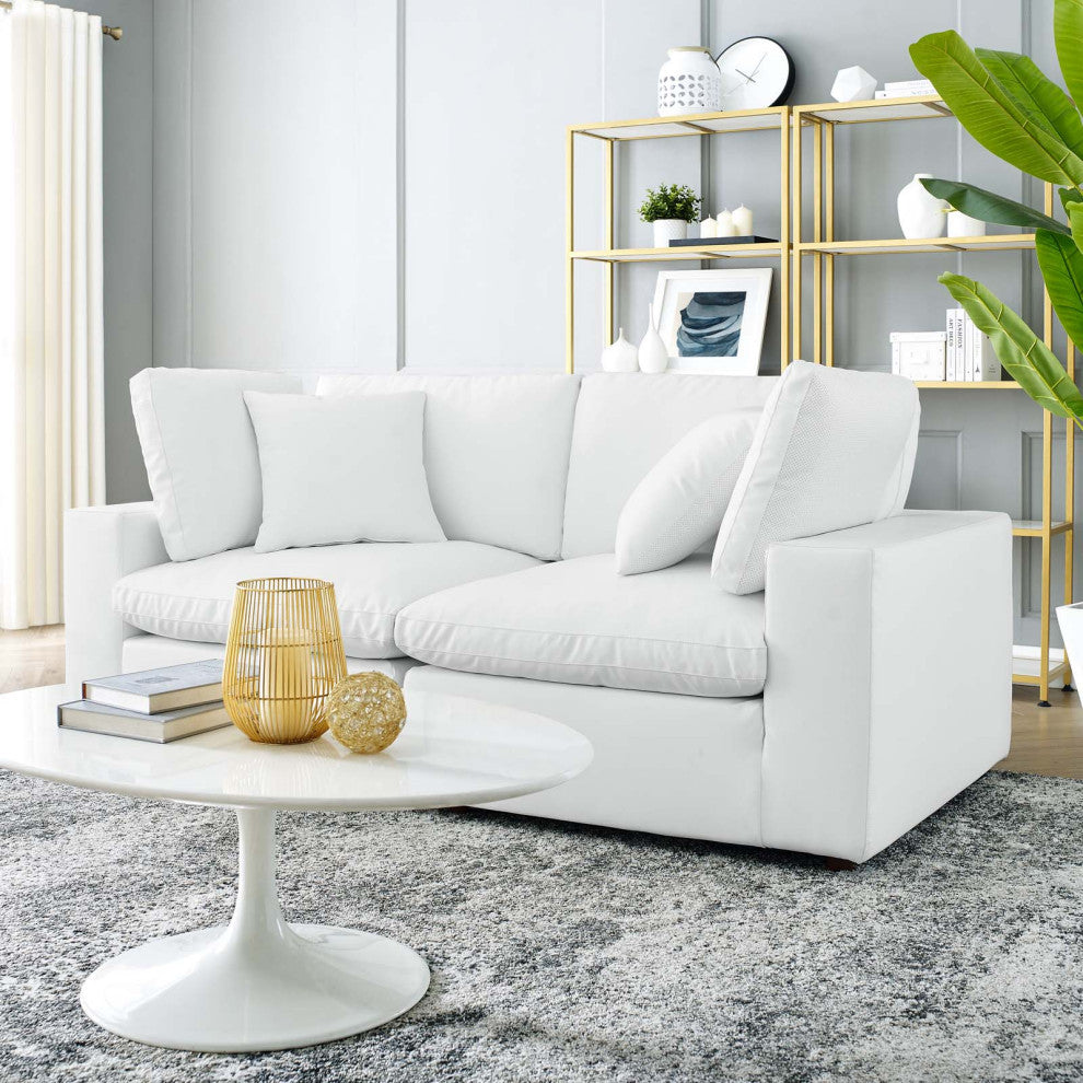Commix Down Filled Overstuffed Vegan Leather Loveseat - White