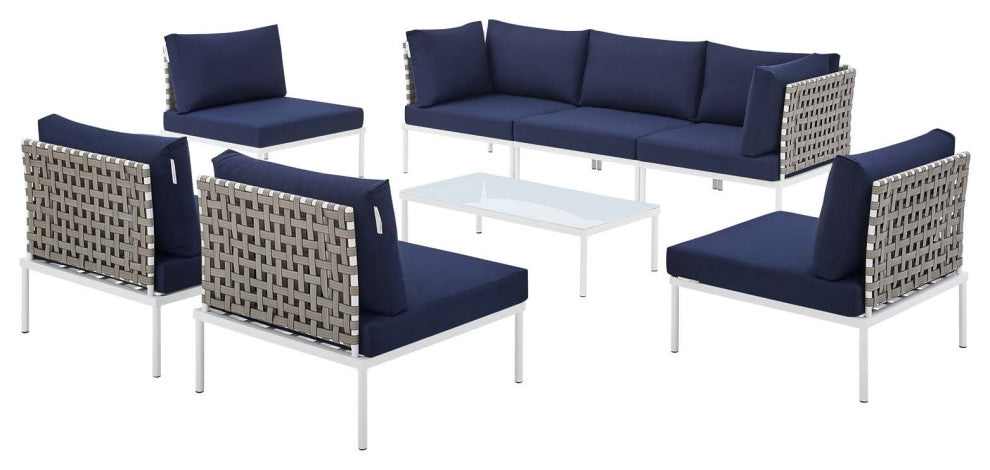 Lounge Sectional Sofa Chair Table Set, Sunbrella, Aluminum, Blue Navy, Outdoor