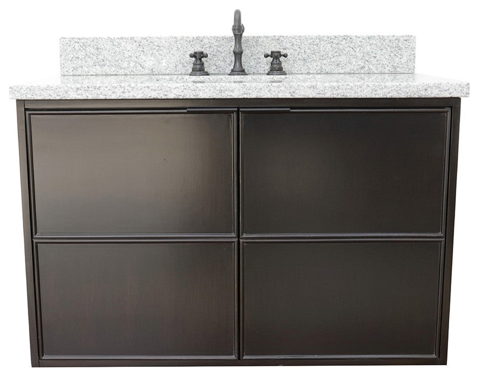 37" Single Wall Mount Vanity, Cappuccino Finish With Gray Granite Top