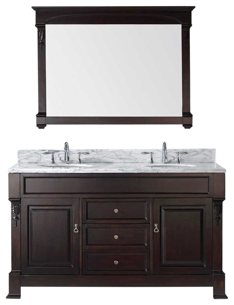 Virtu Huntshire 60" Double Bathroom Vanity, Dark Walnut With Faucet and Mirror
