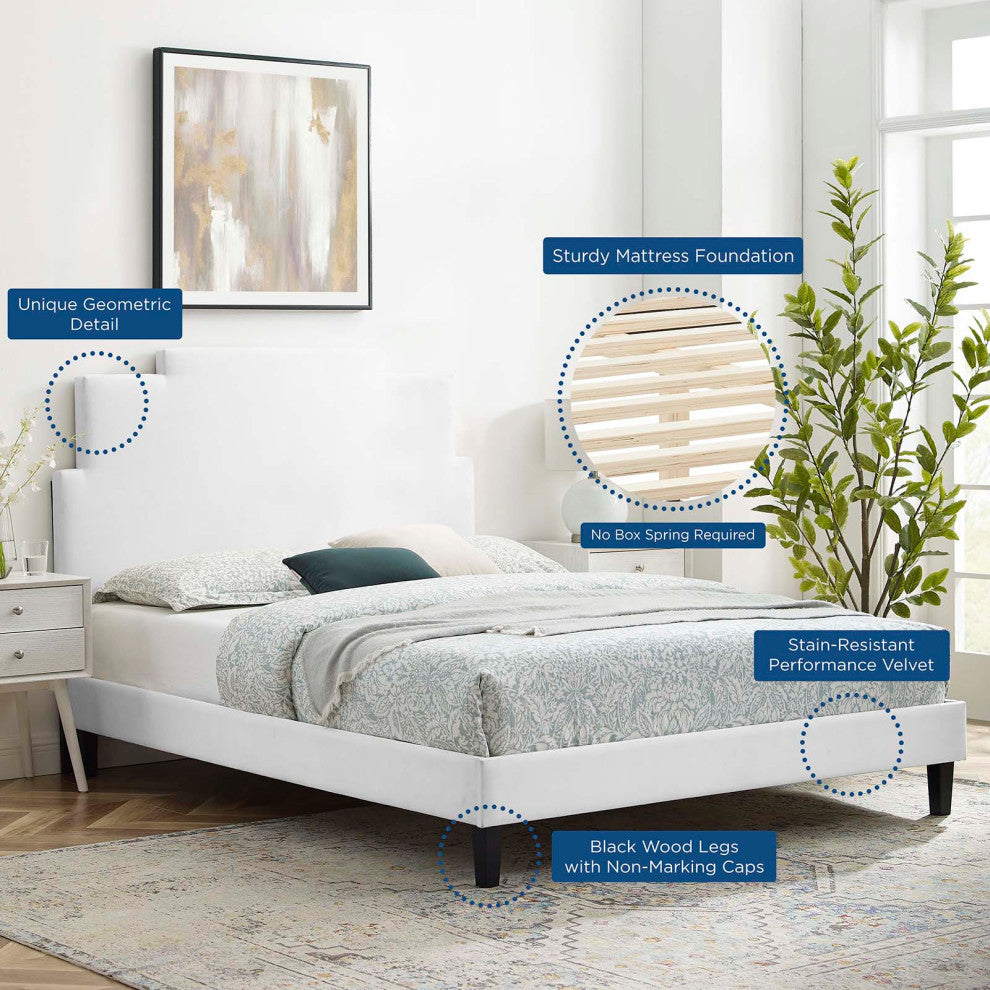 Platform Bed Frame, King Size, Velvet, White, Modern Contemporary, Bedroom