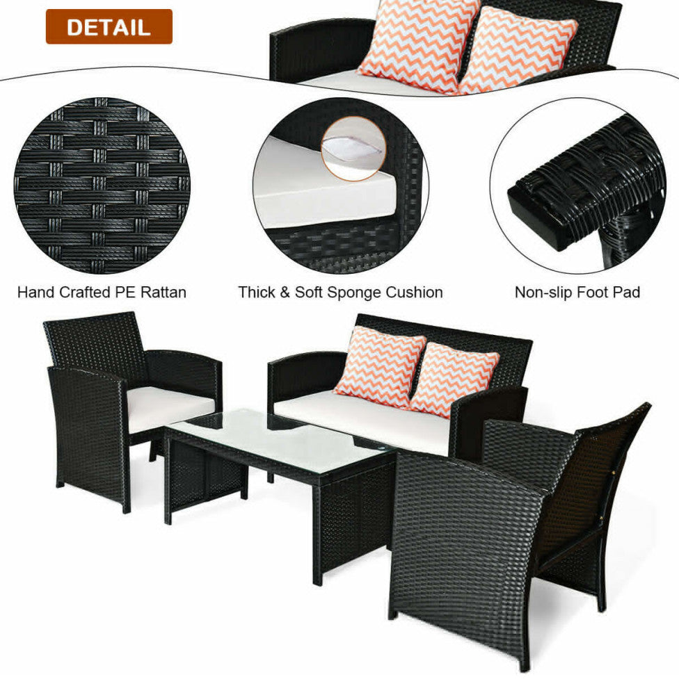 Costway 4 Pc Rattan Patio Furniture Set Garden Lawn Sofa Wicker Cushioned Seat