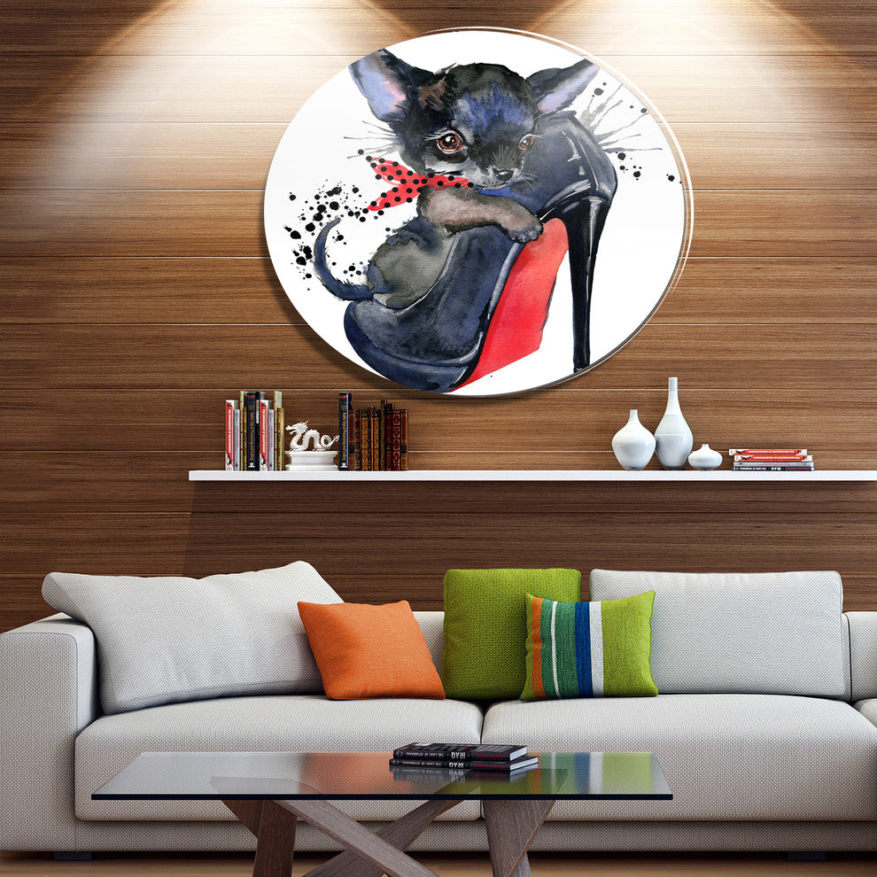Cute Dog Over Heeled Shoe, Animal Disc Metal Artwork, 11"