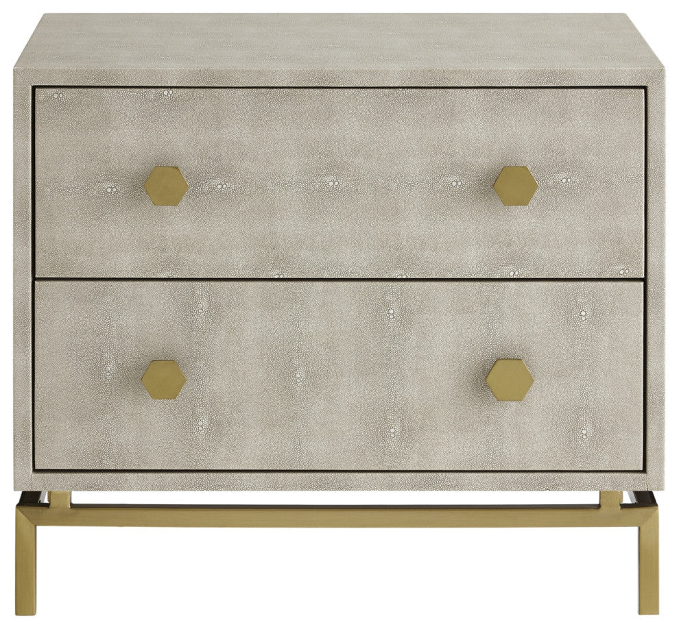 Nicole Miller Aharon Side Table, 2 Drawers, Faux Shagreen, Cream White/Gold