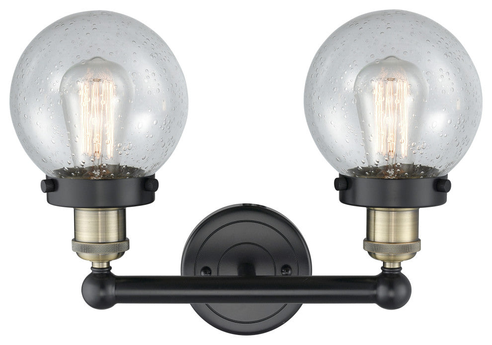 Small Edison Beacon 2-Light 16" Vanity Light, Black Antique Brass, Seedy Shade