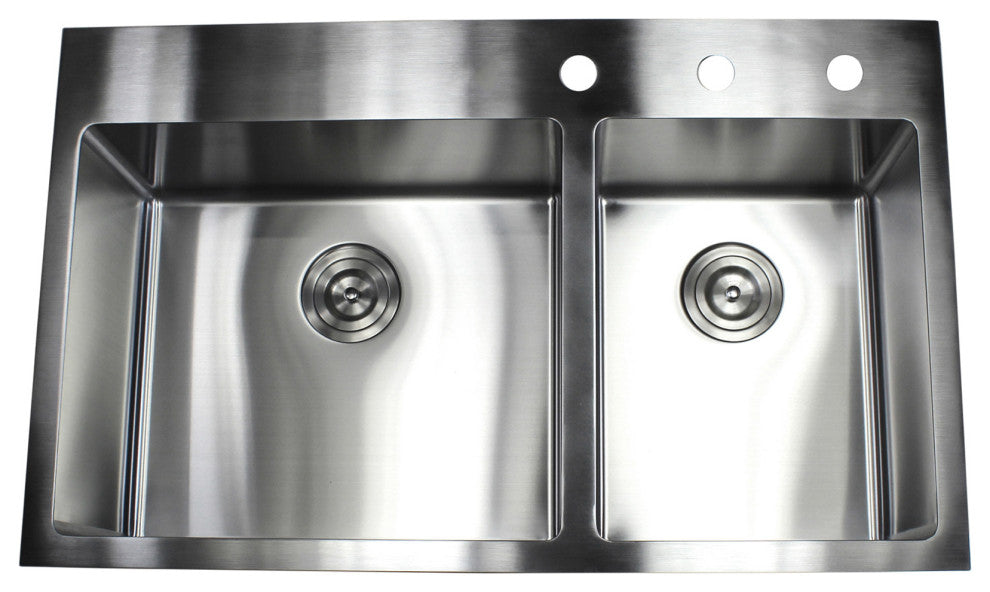 36" Topmount 16 Gauge 60/40Double Bowl, Sink With Faucet and Strainer