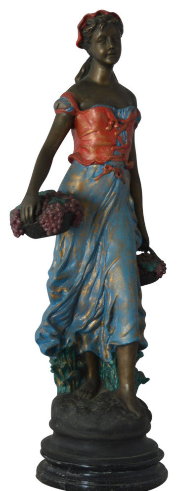 Beautiful lady with grapes bronze statue  - Size: 14"L x 6"W x 20"H.