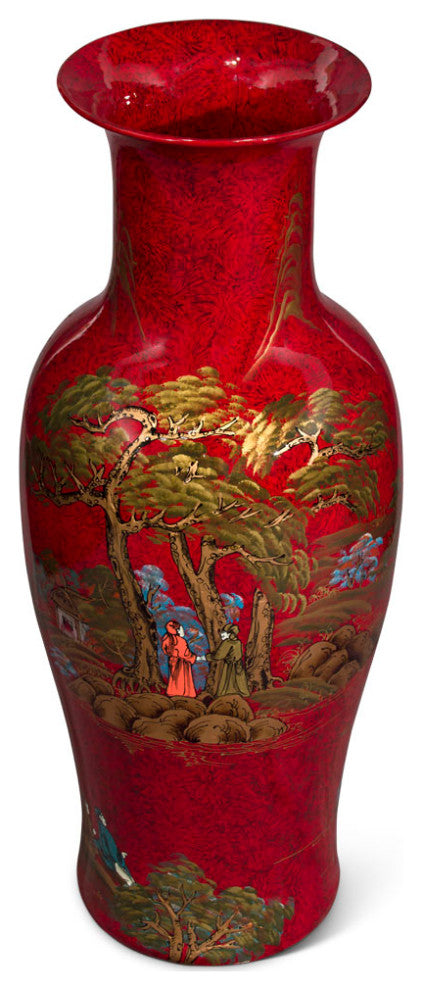 36in Red Lacquer Chinoiserie Scenery Motif Chinese Porcelain Vase