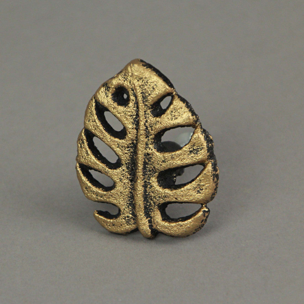 Set of 6 Gold Cast Iron Monstera Leaf Drawer Pulls Decorative Cabinet Knobs
