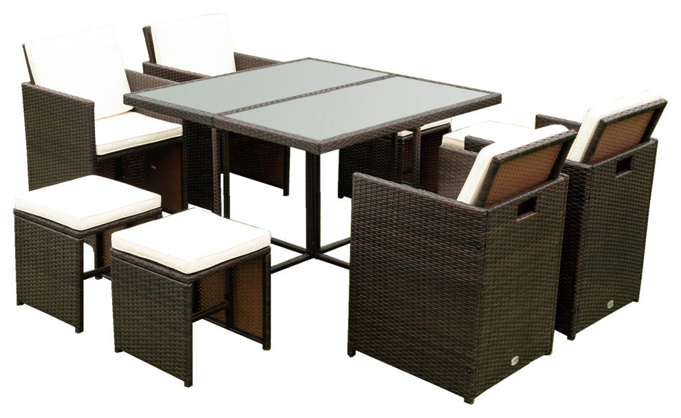9 Pieces Outdoor Patio Rattan Dining Set Outdoor Space Saving Chairs With Glass
