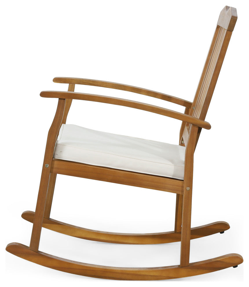 Kessler Outdoor Acacia Wood Rocking Chair With Cushion, Teak and Beige
