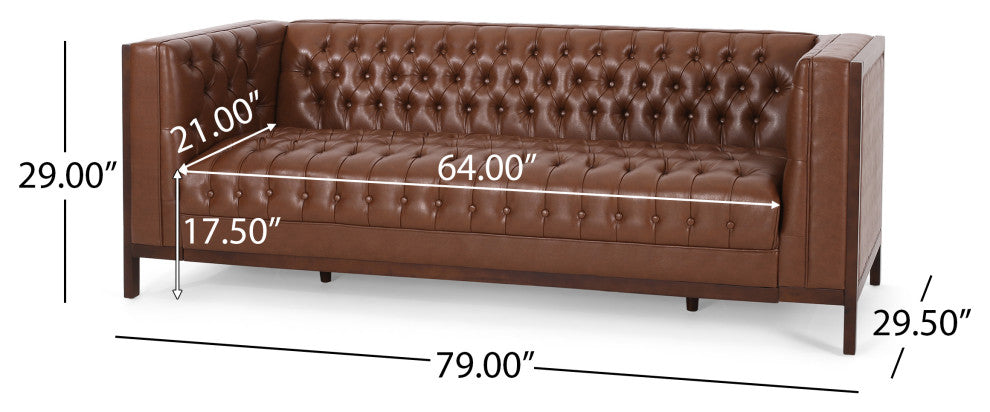 Elias Faux Leather Tufted 3 Seater Sofa, Cognac + Espresso