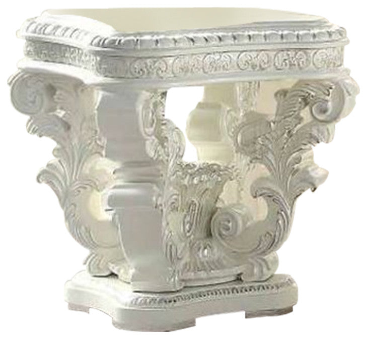 Benzara BM276275 29" End Table, Raised Scrolled Pedestal, Ornate Motif, White